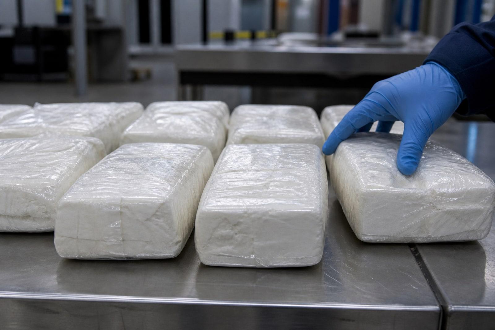 Compressed bricks of seized cocaine arranged on a stainless-steel customs inspection table in a port warehouse.