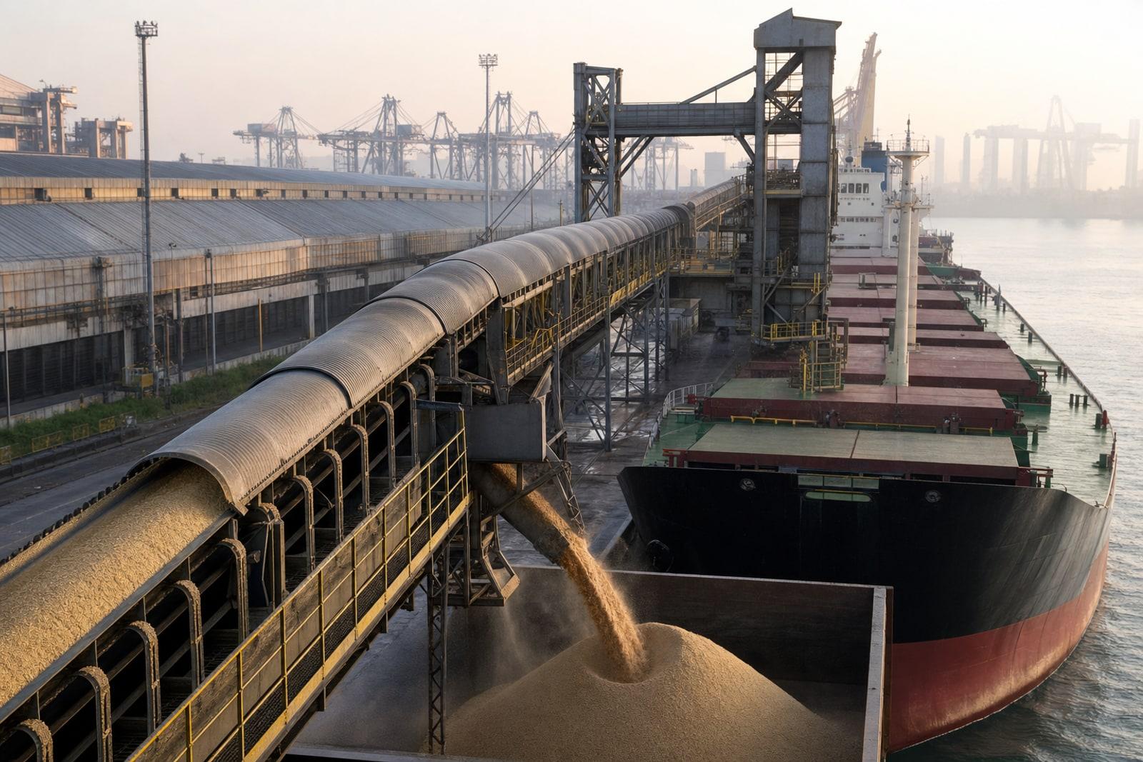 Raw cane sugar moves along a covered conveyor into a bulk carrier at the Port of Santos in Brazil.