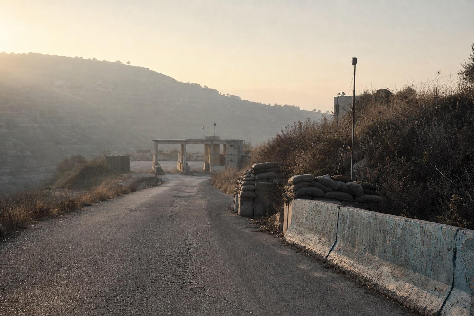 An empty road at dawn leading to a deserted checkpoint in a hilly southern Lebanon border landscape with sandbags and a faded blue barrier.