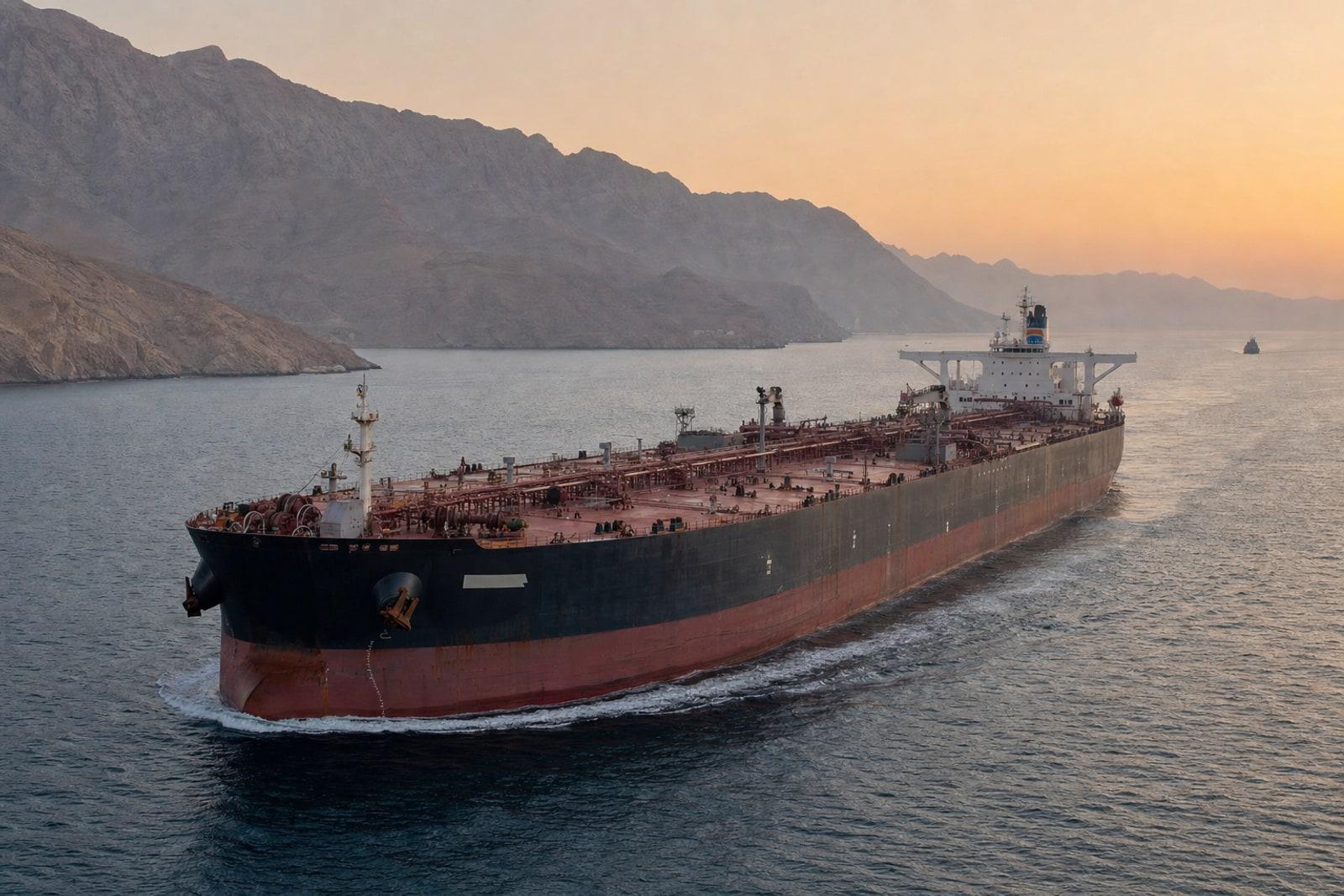 A laden crude-oil supertanker riding low in the water transits the narrow Strait of Hormuz at dawn past arid coastal mountains.