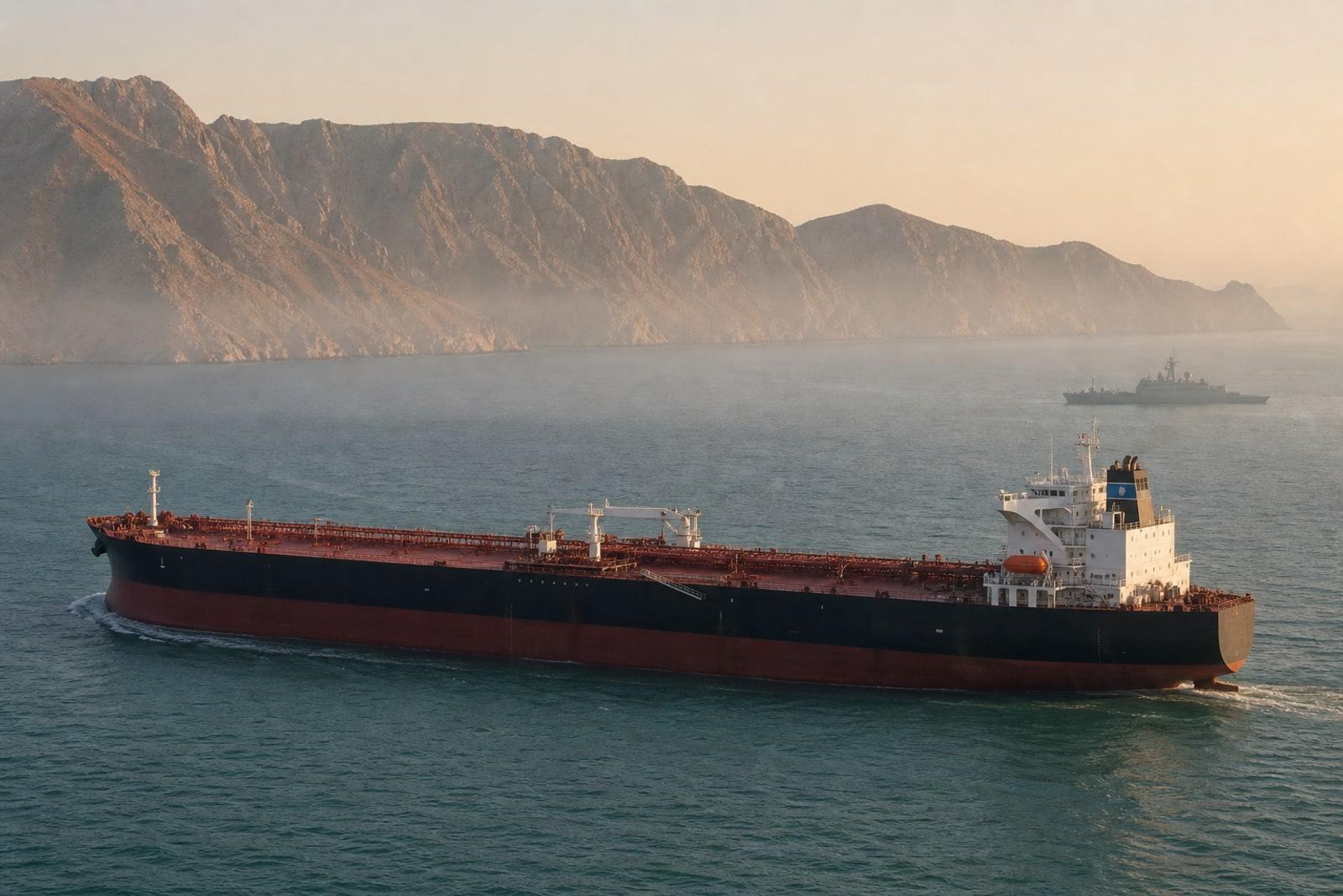 A loaded crude-oil supertanker sails through the Strait of Hormuz with the arid mountains of the Musandam Peninsula behind it