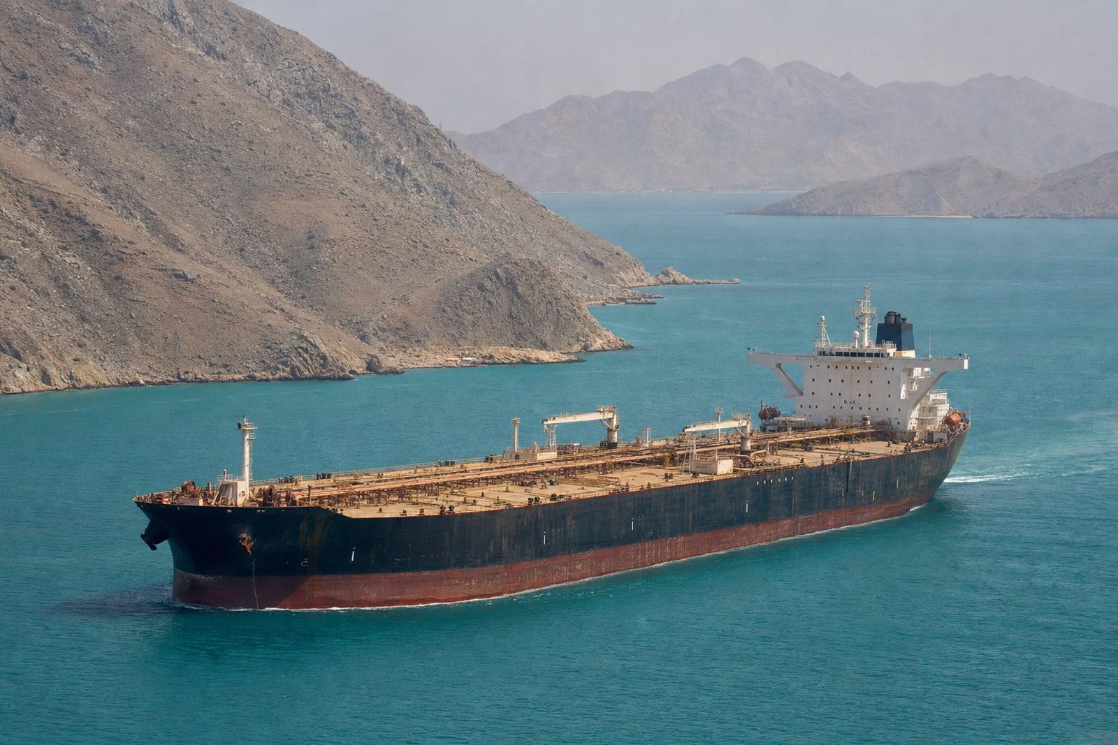 A laden crude-oil tanker moving through the hazy turquoise waters of the Strait of Hormuz between arid coastal mountains.