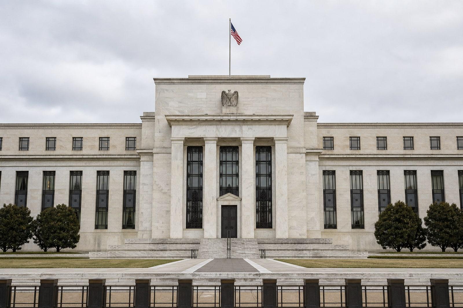 The white marble neoclassical facade of the Federal Reserve's Marriner S. Eccles Building in Washington, with its central columned portico and eagle medallion.