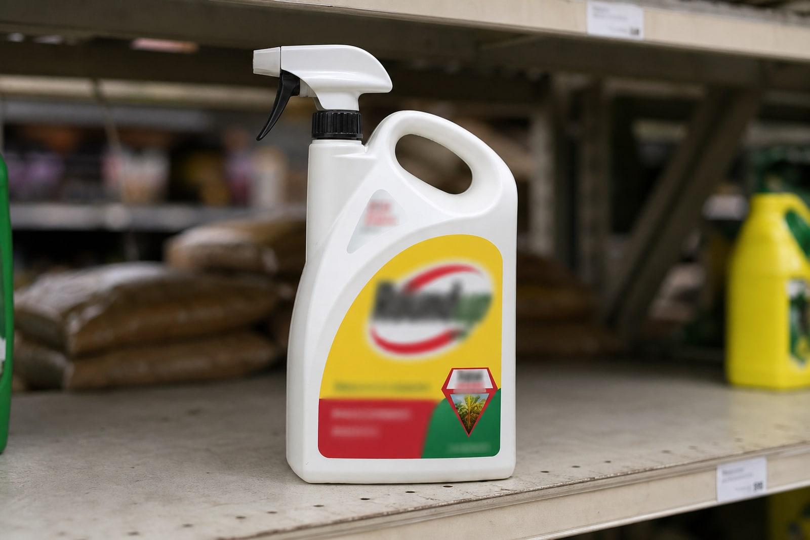 An off-white-and-yellow plastic jug of Roundup glyphosate weedkiller standing on a garden-centre shelf.