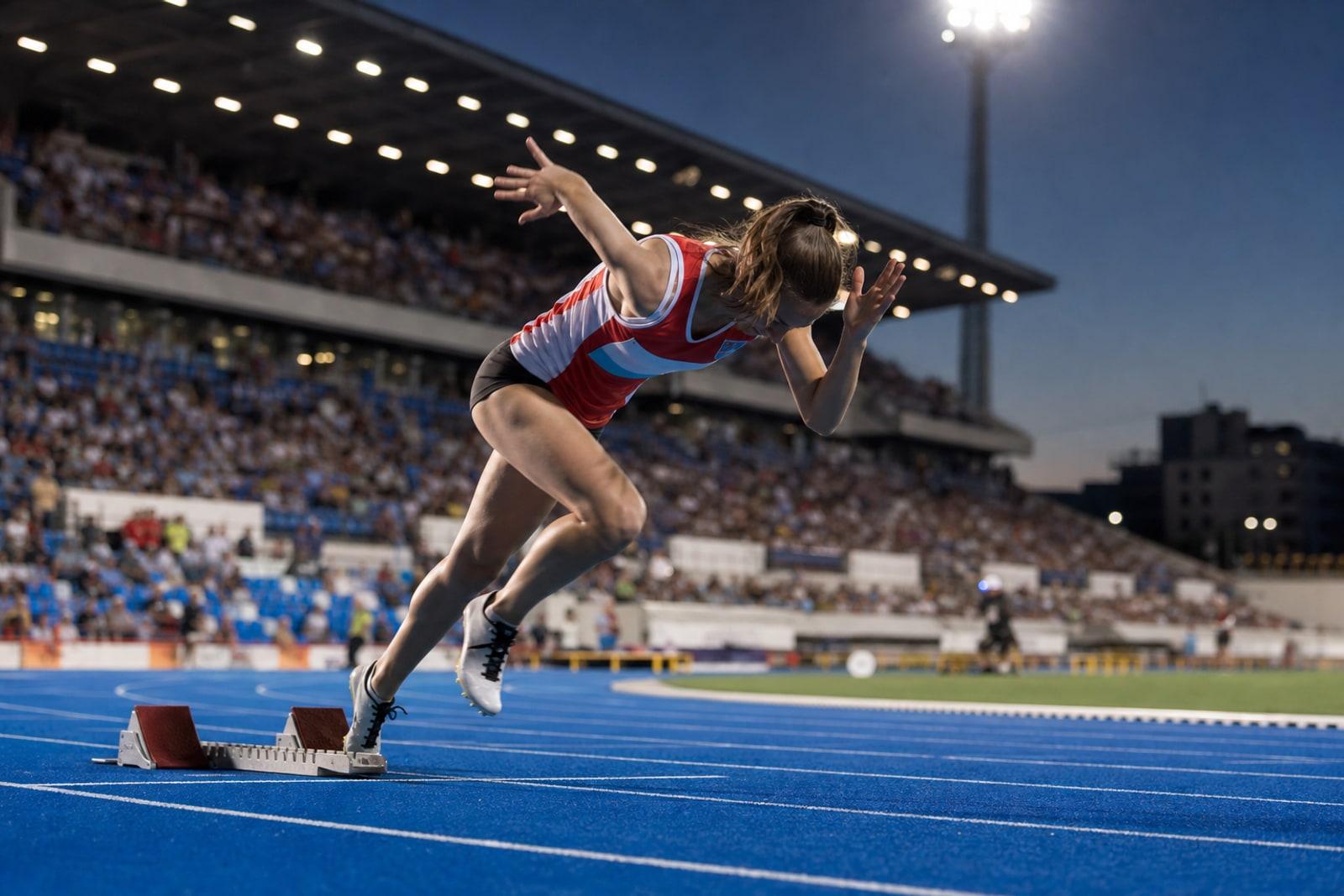 A sprinter in Luxembourg red-and-white colours racing the 100m on a blue floodlit athletics track.
