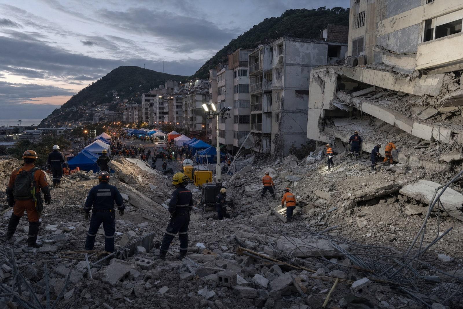 Collapsed apartment buildings and international rescue crews working amid rubble in Venezuela's earthquake-hit Caracas region, with emergency tents behind.