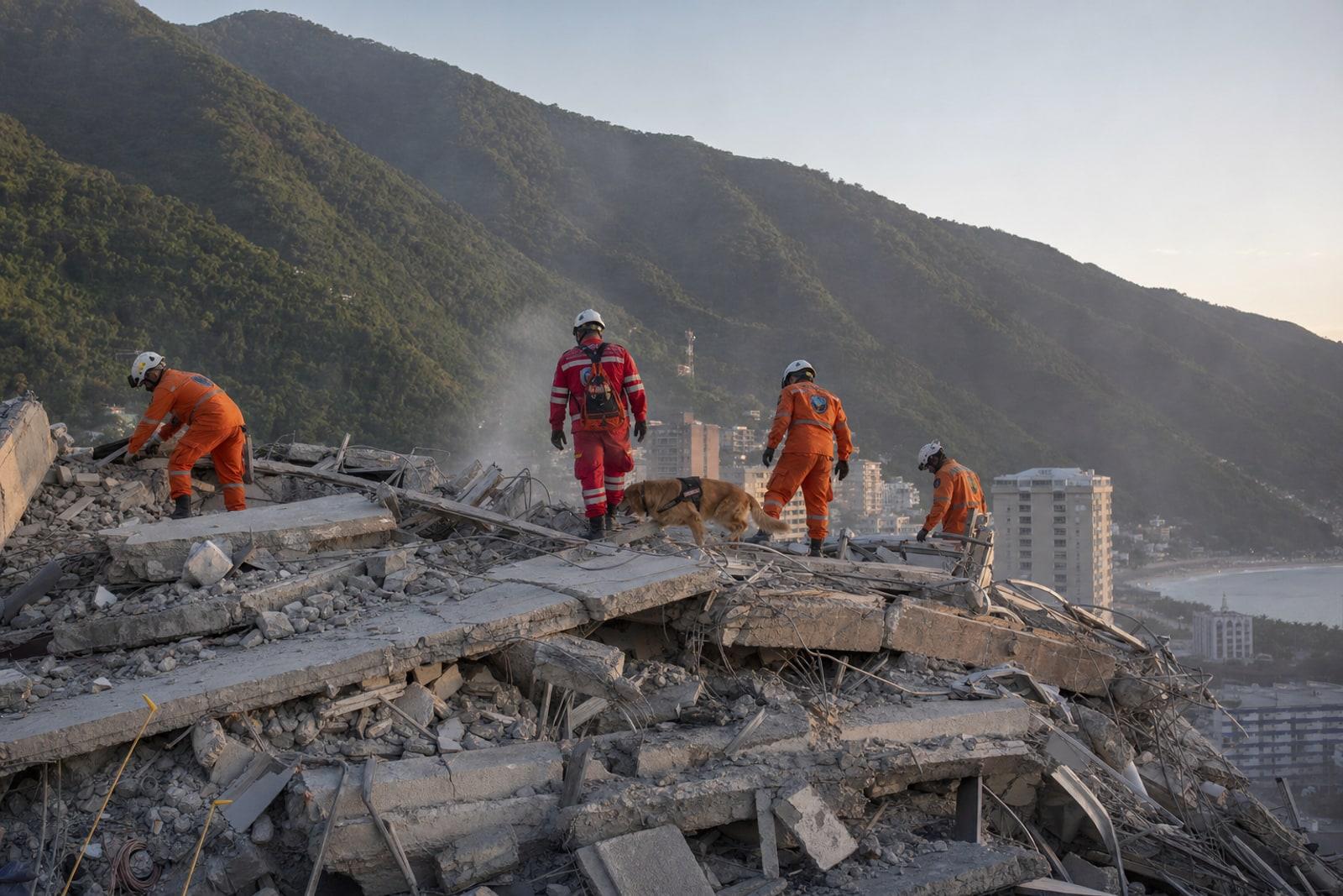 Rescue workers in orange and red gear and a search dog climbing over the grey concrete rubble of a collapsed apartment block in La Guaira, Venezuela.