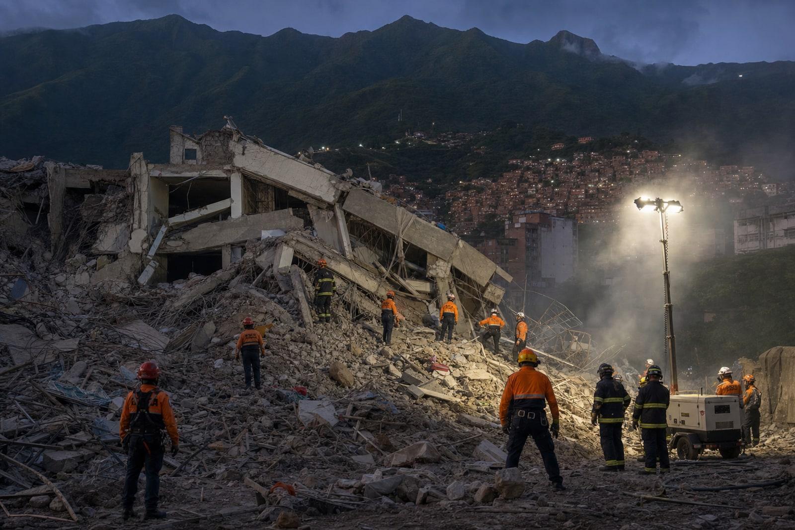 Rescue crews search the rubble of a collapsed concrete apartment building in Caracas at dusk under floodlights.