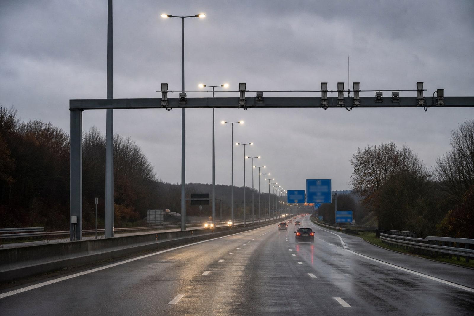 D'E411 an der Belsch bei der Lëtzebuerger Grenz, mat de charakteristesche Luuchtemasten an der Mëttelrei an engem Kameraportik iwwer de Fuerbunnen