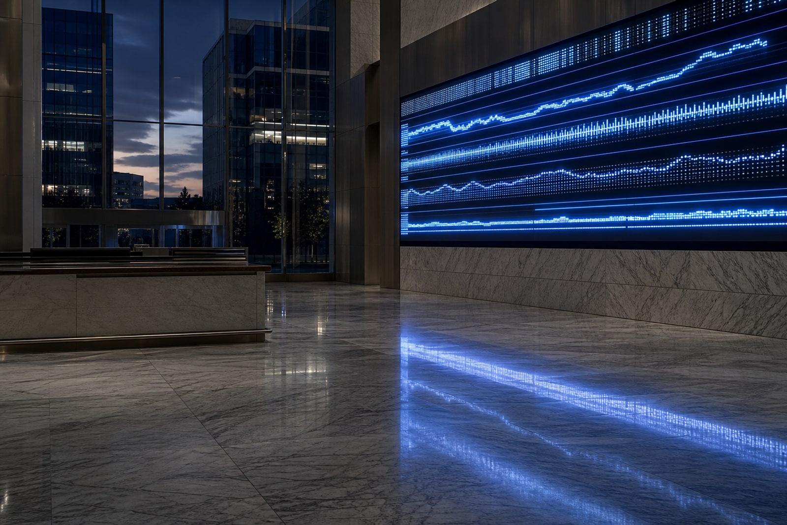An empty modern financial-district hall at dusk with a glowing electronic interest-rate display reflected on a polished stone floor.