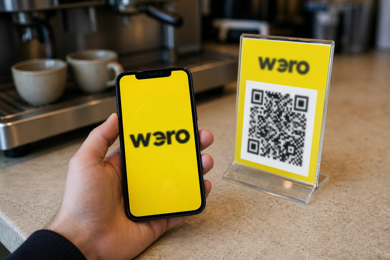 Écran de paiement jaune et noir de l’application Wero à côté d’un panneau QR code Wero dans un commerce luxembourgeois.