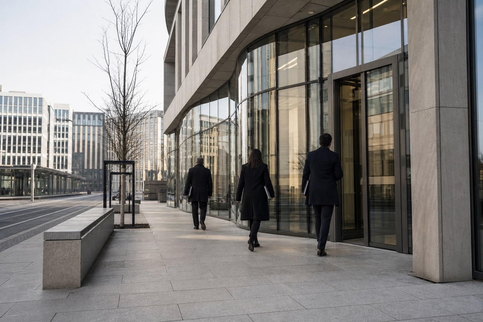 Anonymous office workers walk across a quiet Luxembourg financial-district plaza toward a modern glass-and-stone office building in soft morning light.