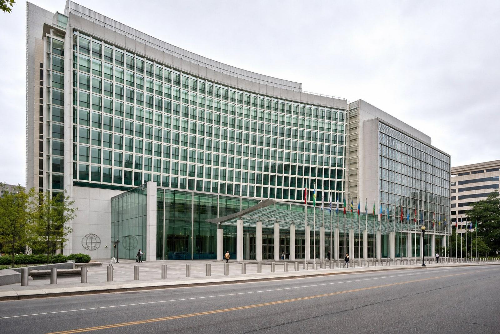 The curved glass-and-stone headquarters of the World Bank in Washington, D.C., with member-state flags at its entrance