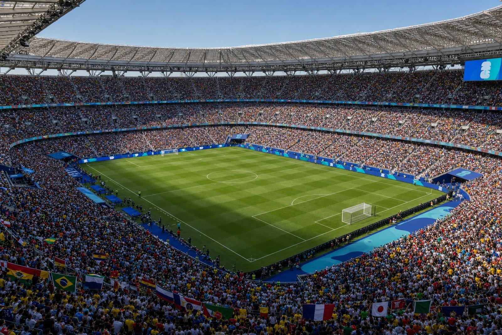 A packed World Cup stadium seen from the upper tier, every seat filled with fans in colourful jerseys around a green pitch.
