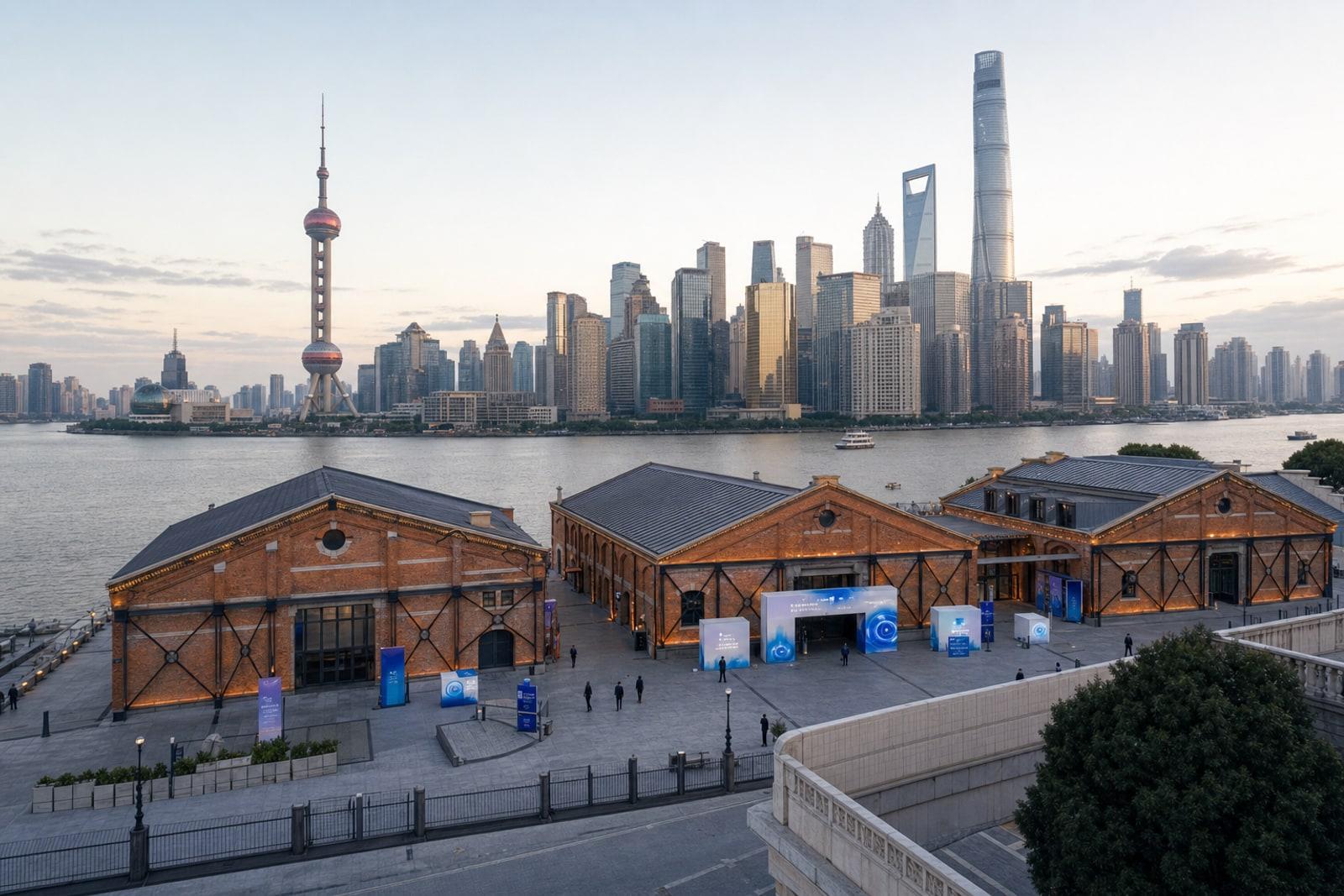 The restored brick buildings of The Grand Halls beside the Huangpu River in Shanghai, with conference signage and the Lujiazui skyline beyond.