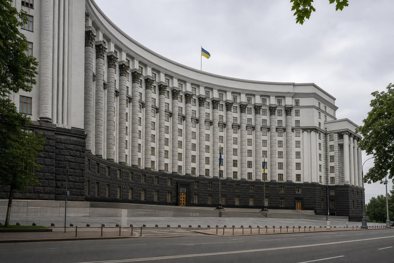 The Cabinet of Ministers building in Kyiv, seat of Ukraine's government, with the Ukrainian flag flying above its entrance.
